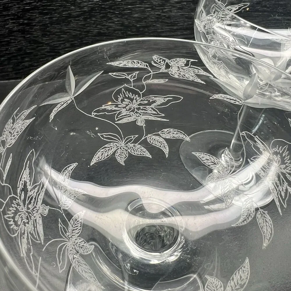 Vintage Etched Champagne/ Sherbet Glasses -Valentines- Set of 2 Floral Design 5”